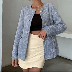 SHEIN Light Blue Tweed Blazer with Gold Buttons